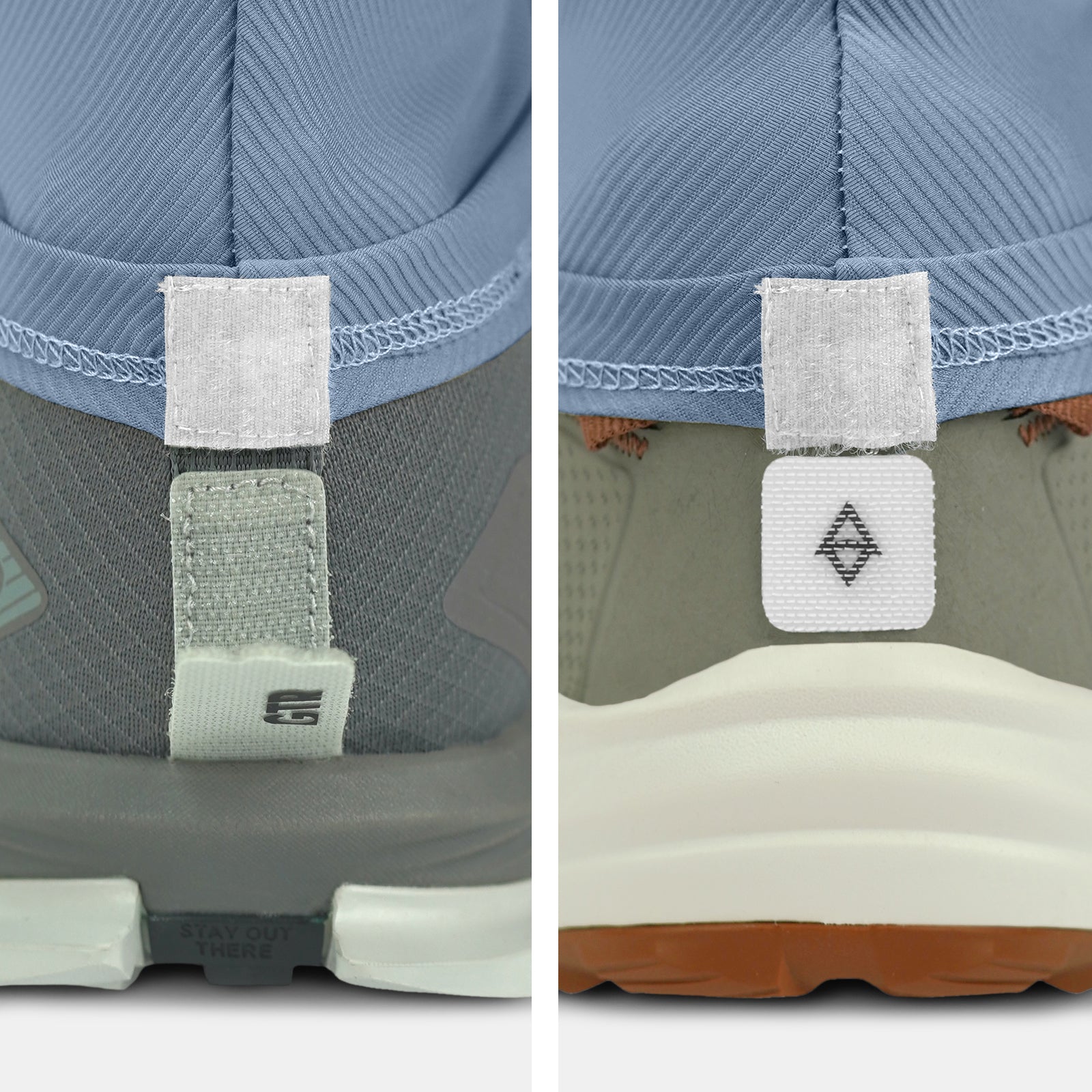 Close-up of back of two shoes on a white background with gaiter compatibility and trado gaiter grips baby blue
