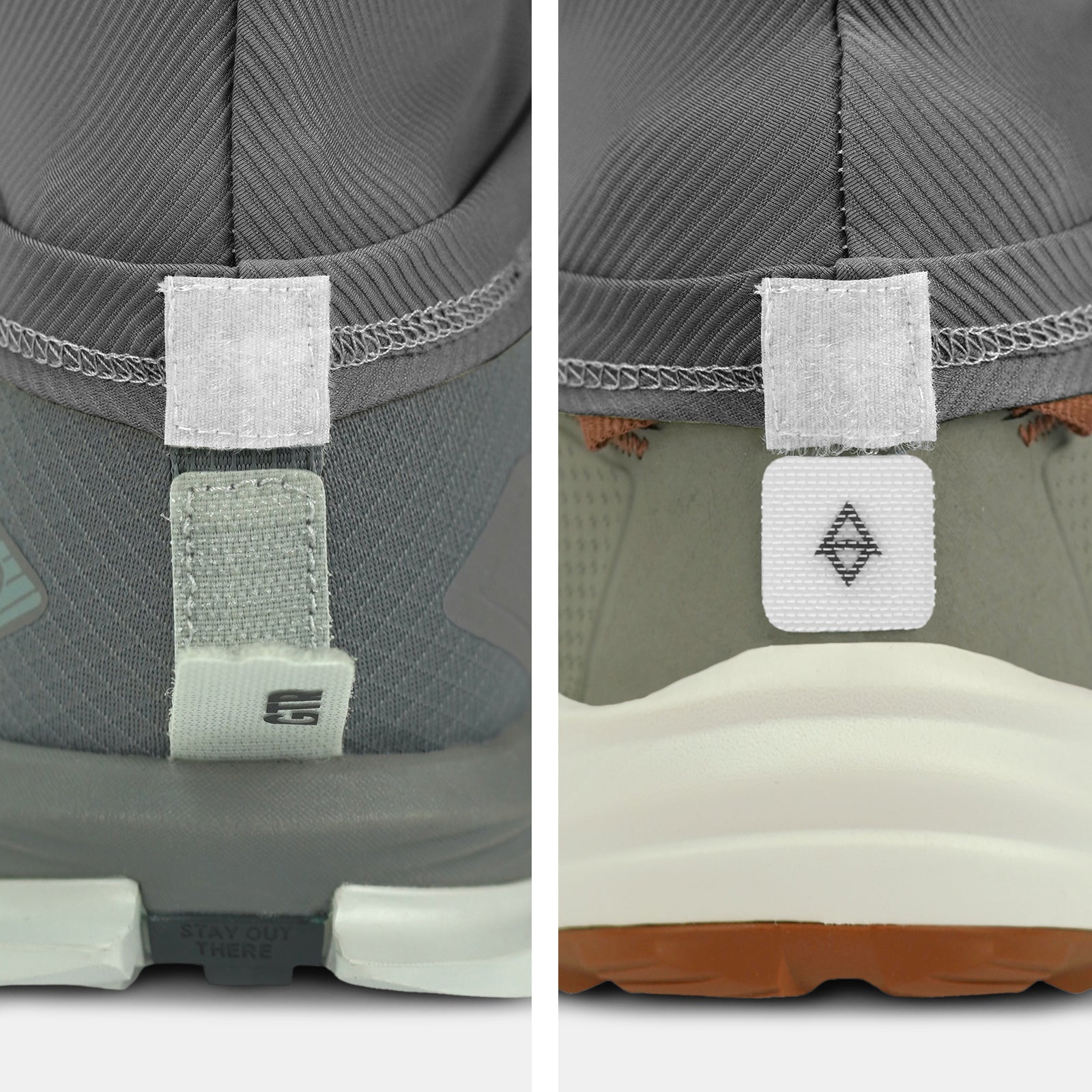 Close-up of back of two shoes on a white background with gaiter compatibility and trado gaiter grips charcoal