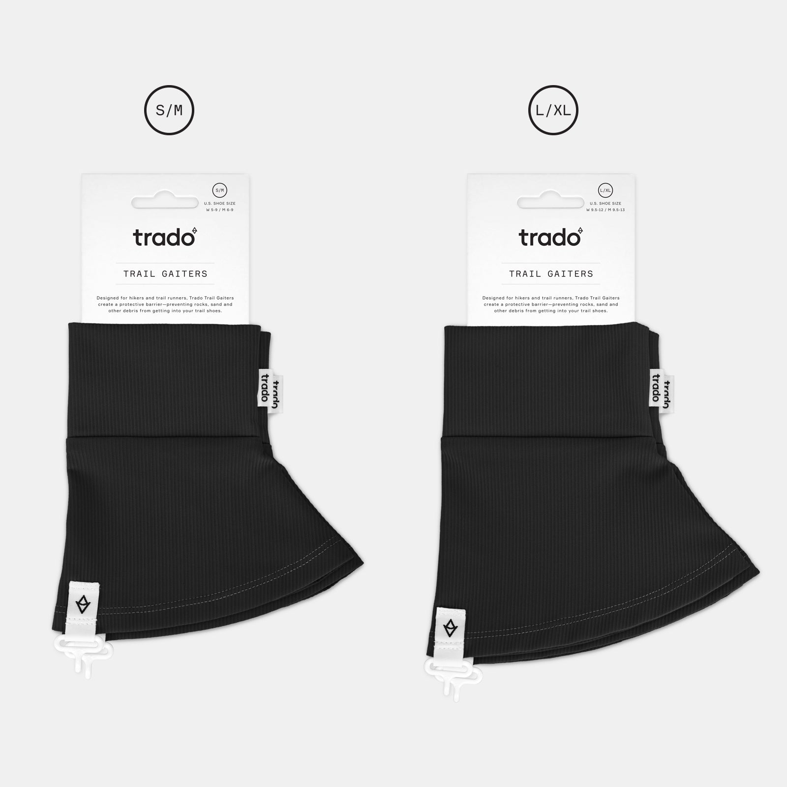 two sizes of trado trail gaiters black