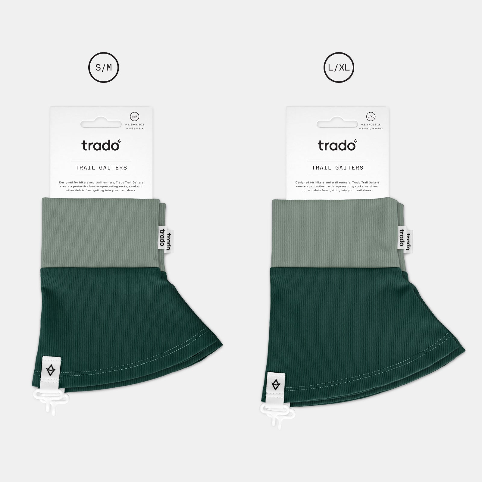 two sizes of trado trail gaiters forrest green dusty green