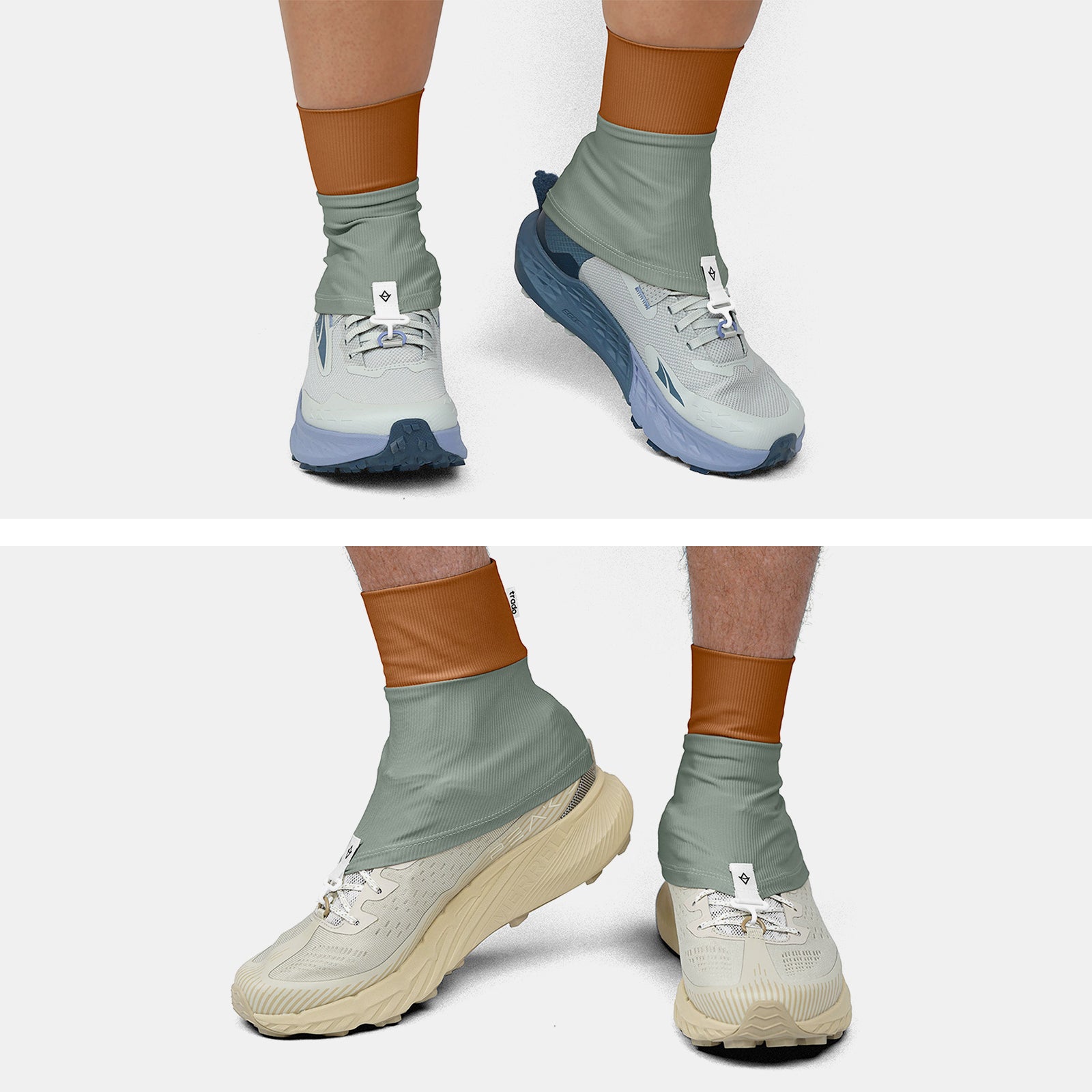Two pairs of feet wearing trado trail gaiters on a white background copper/dusty green