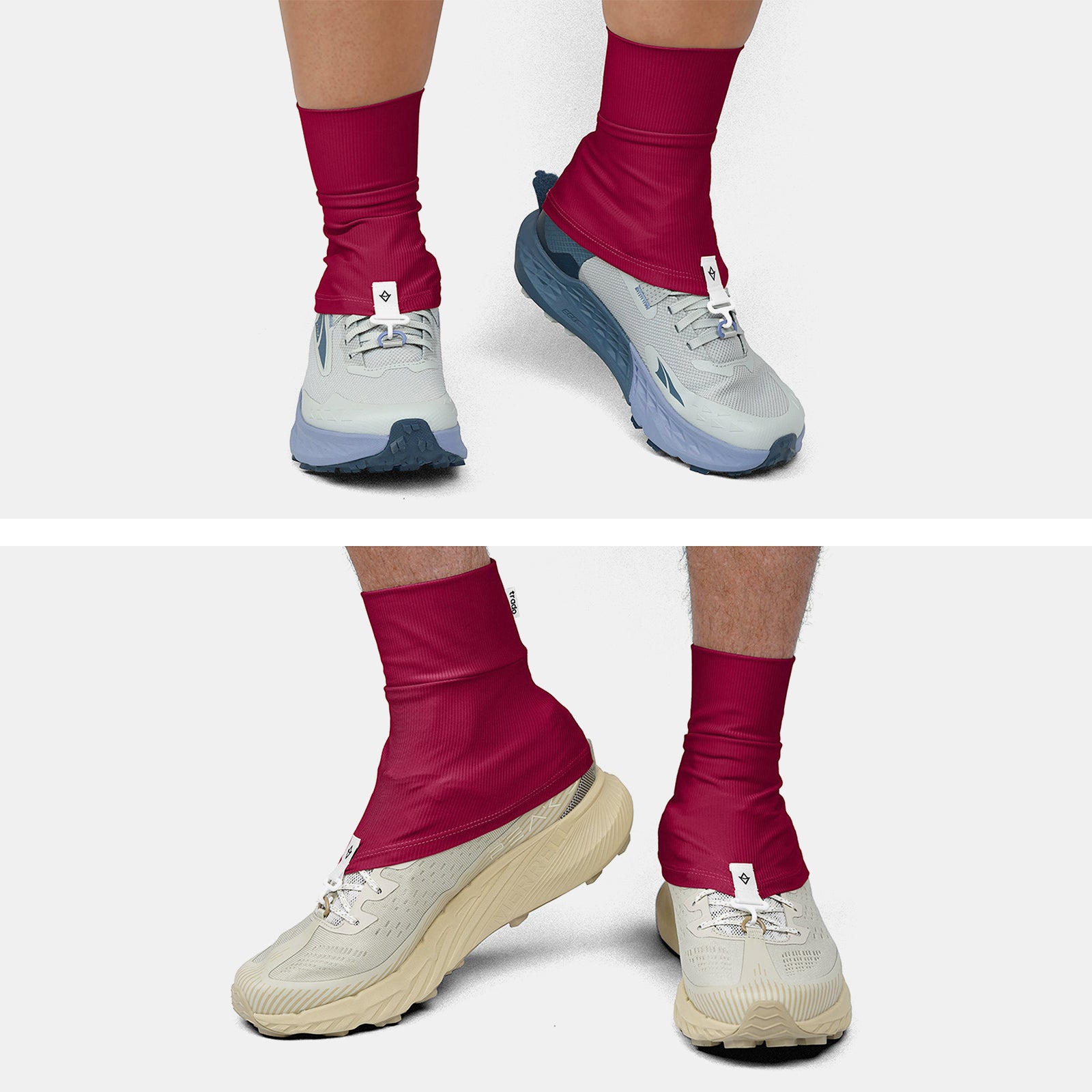 Two pairs of feet wearing trado trail gaiters on a white background