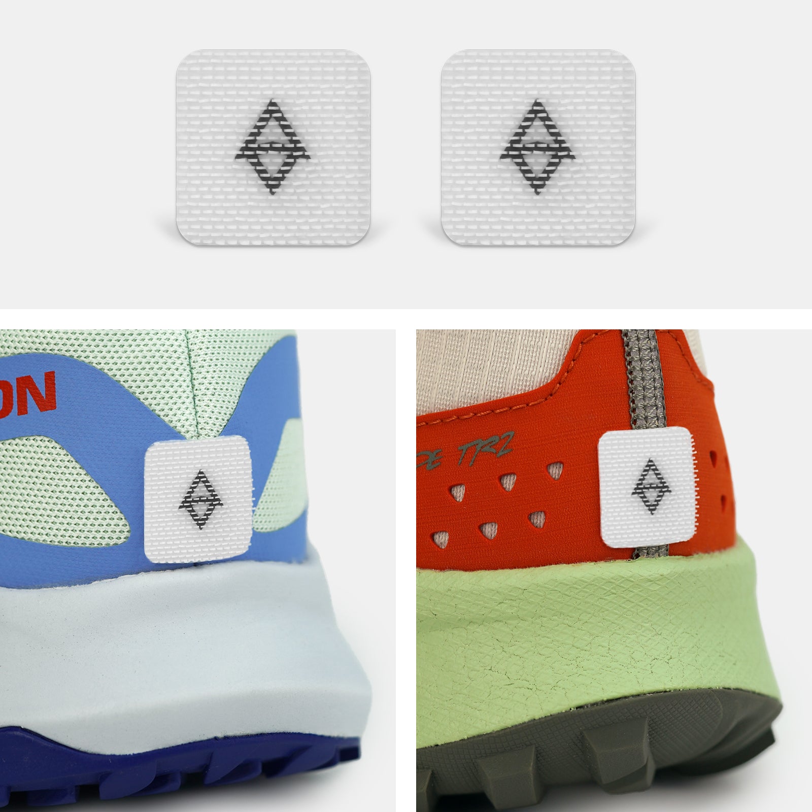 Close-up of shoe labels with a trado gaiter grip on a white background
