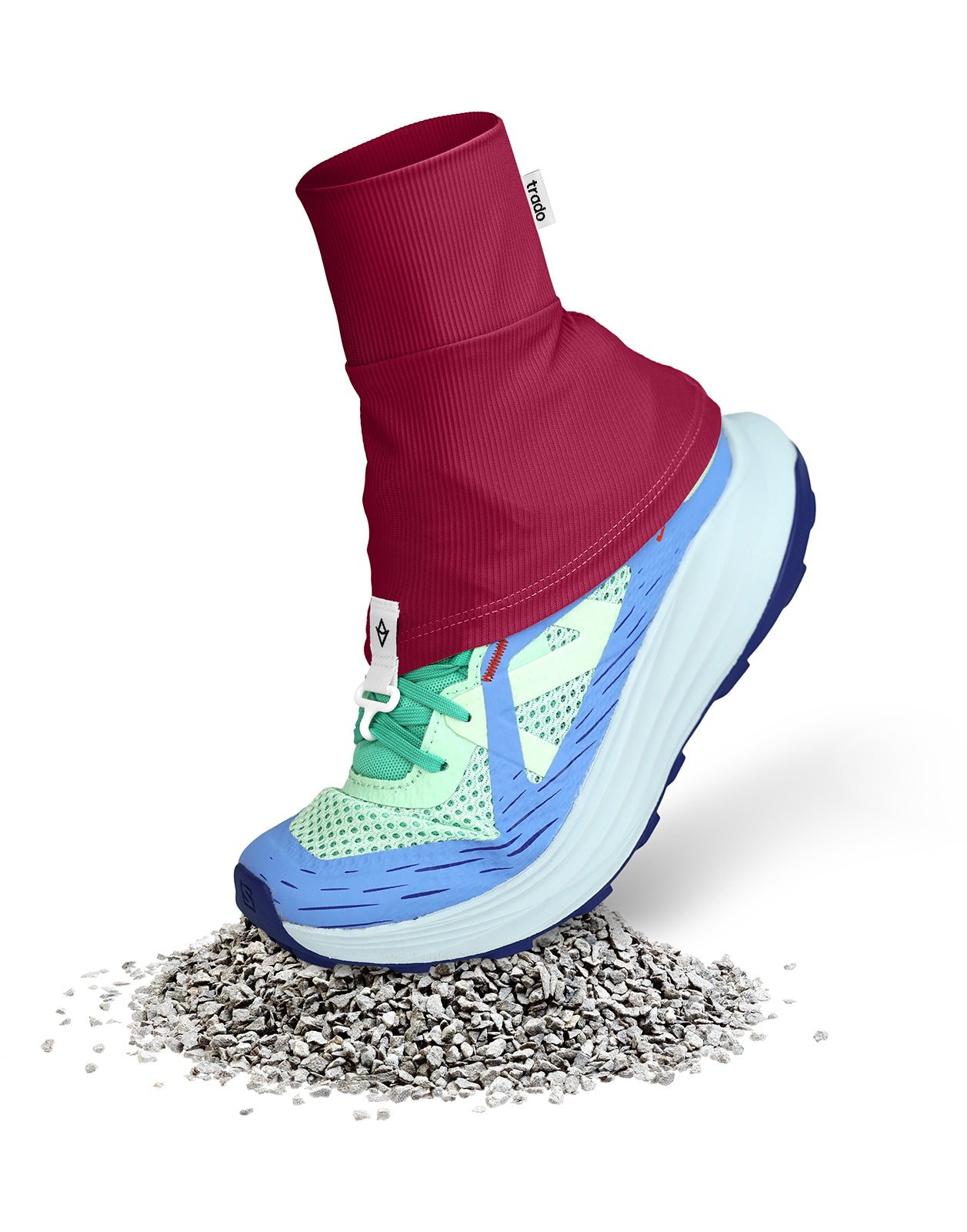 Blue running shoe with a trado trail gaiter on a white background
