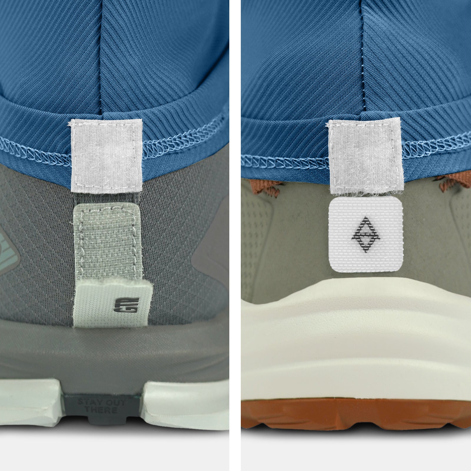 Close-up of back of two shoes on a white background with gaiter compatibility and trado gaiter grips blue
