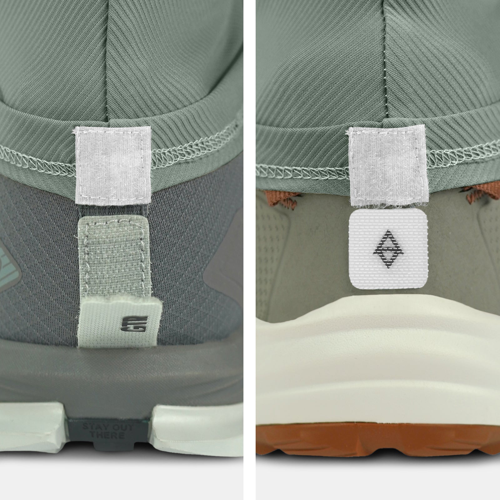 Close-up of back of two shoes on a white background with gaiter compatibility and trado gaiter grips dusty green