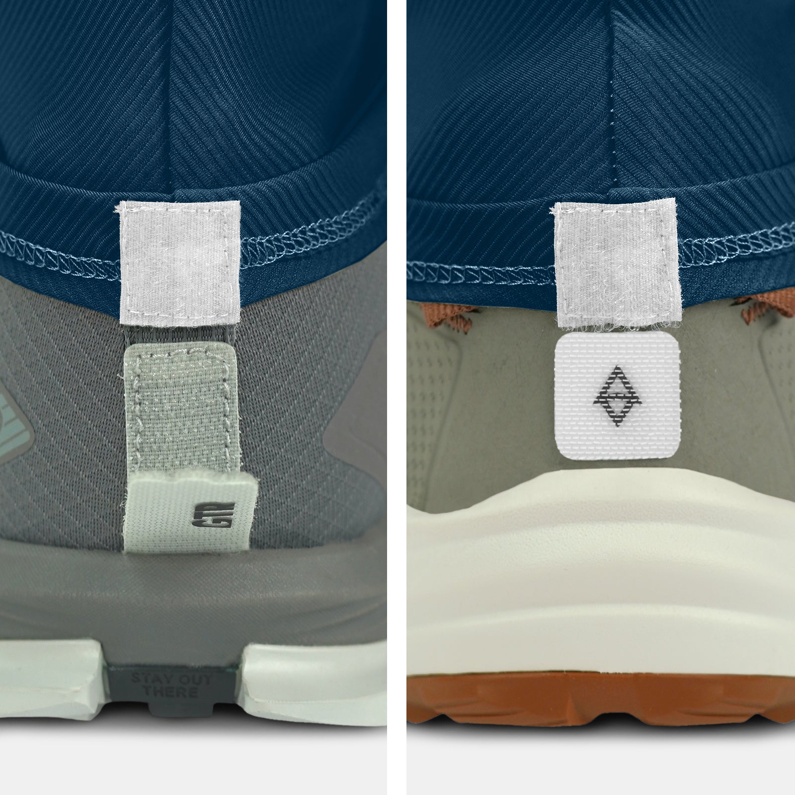 Close-up of back of two shoes on a white background with gaiter compatibility and trado gaiter grips midnight blue