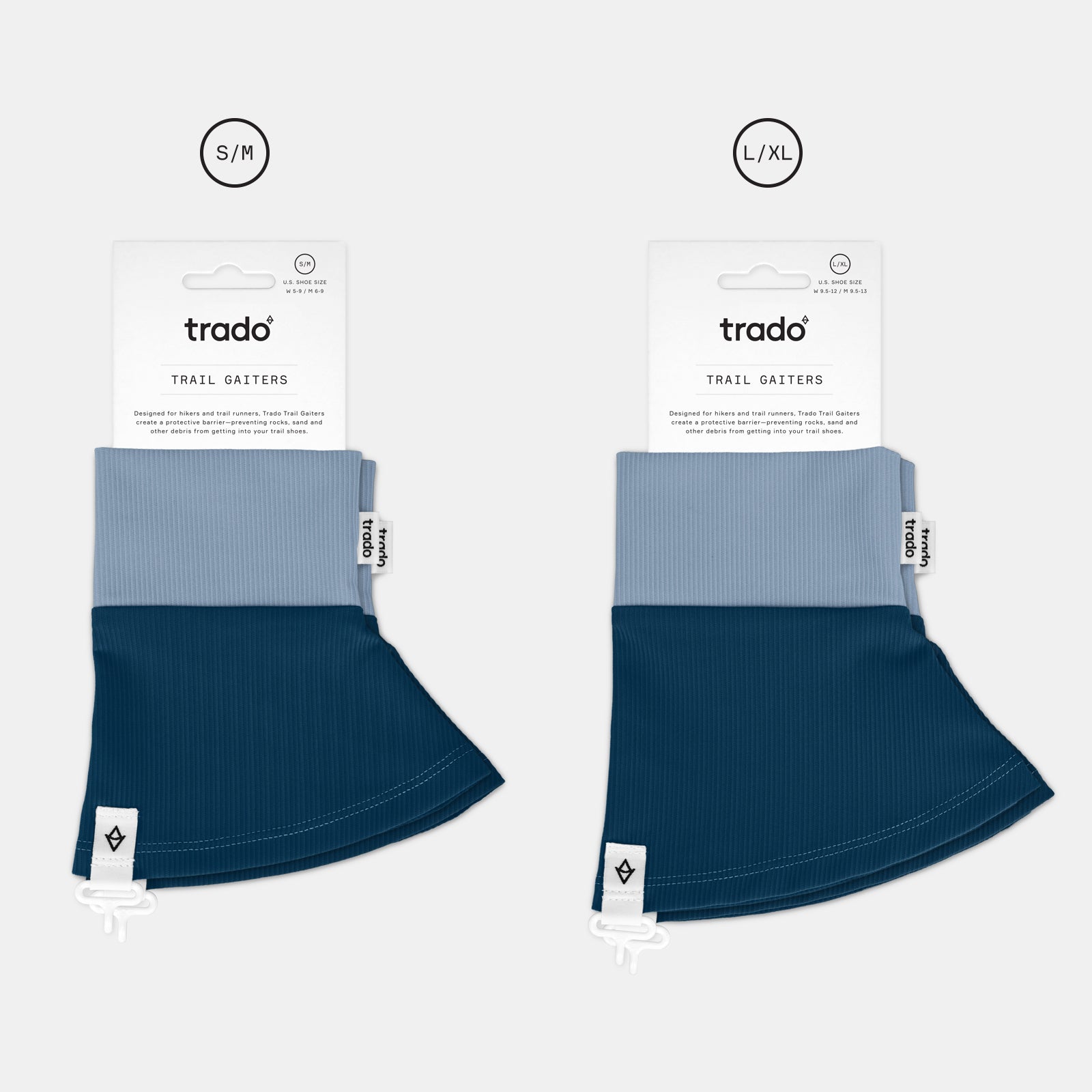 two sizes of trado trail gaiters baby blue midnight blue