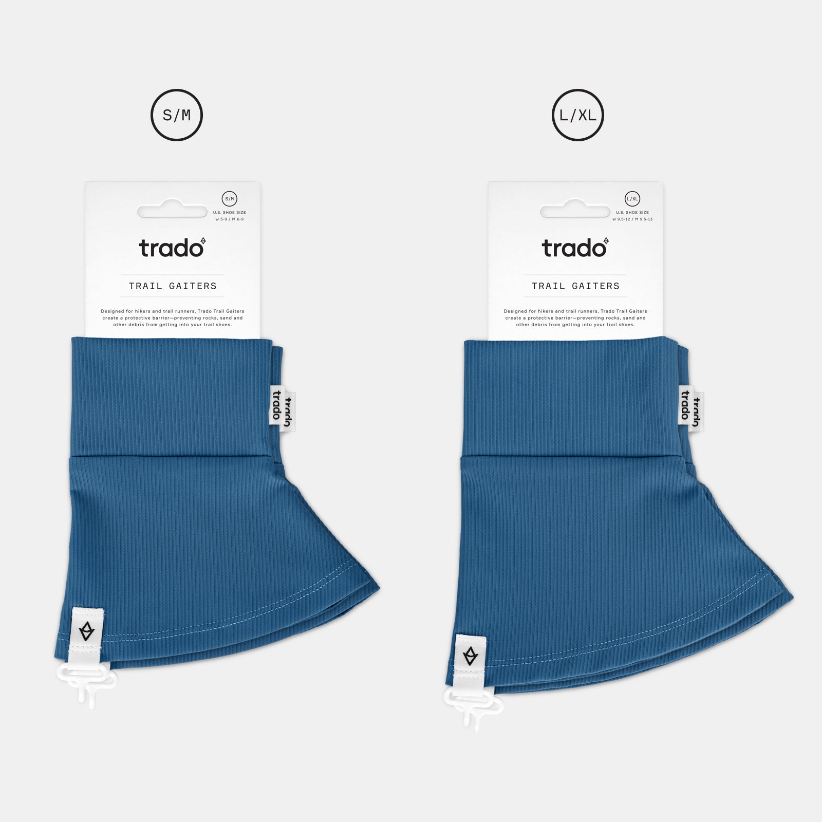 two sizes of trado trail gaiters blue
