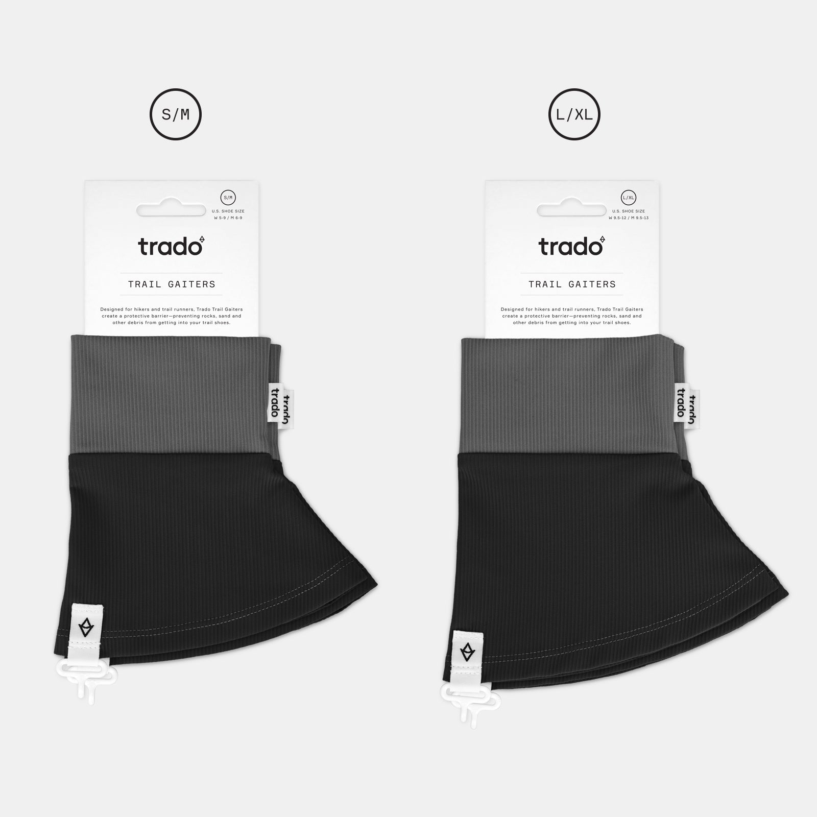 two sizes of trado trail gaiters charcoal black