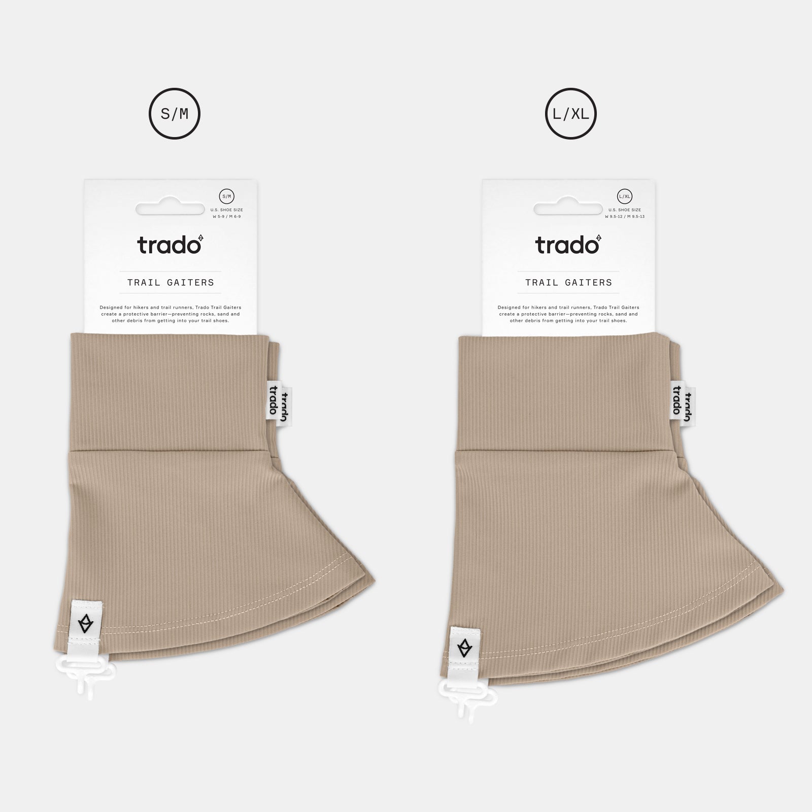two sizes of trado trail gaiters tan