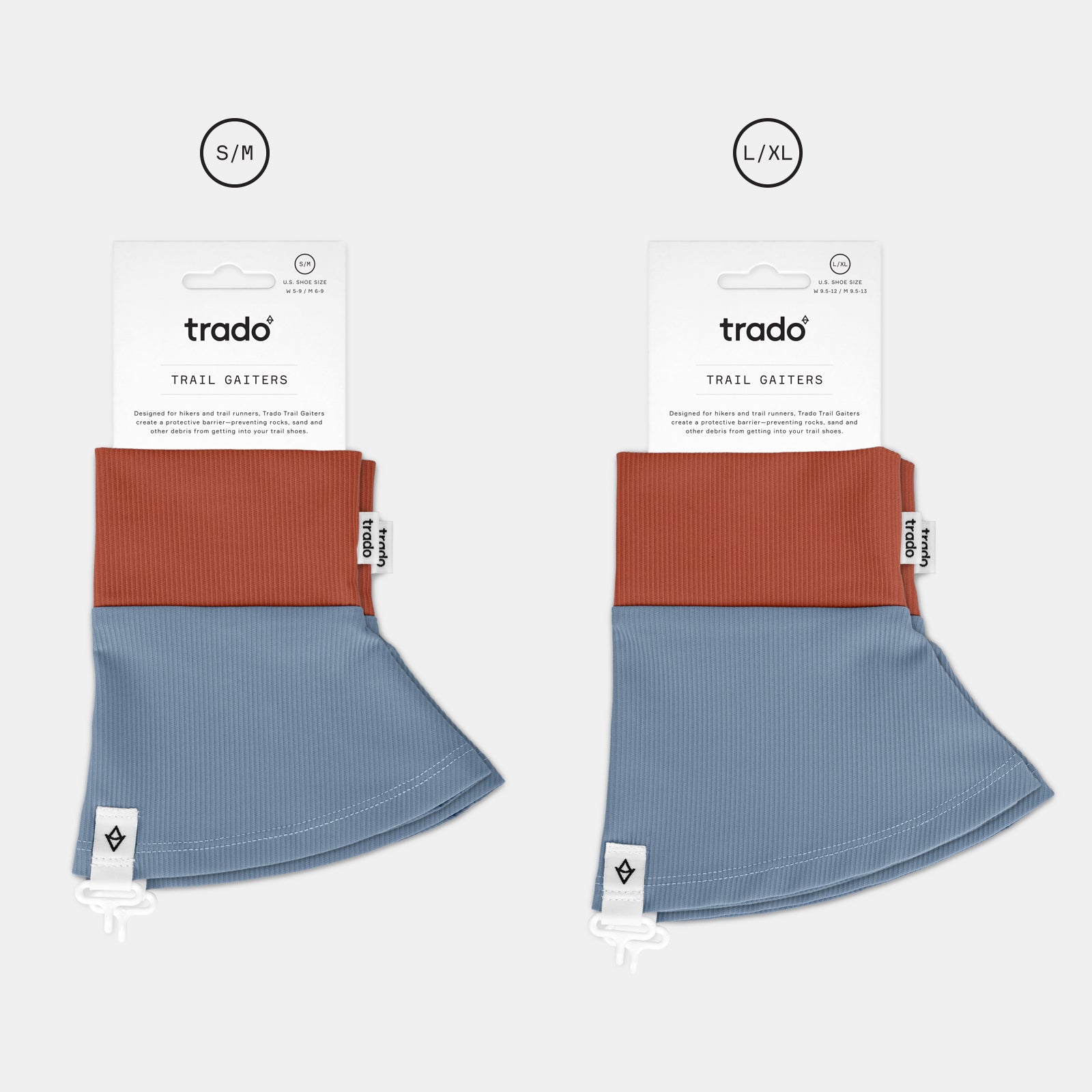 two sizes of trado trail gaiters vermilion baby blue