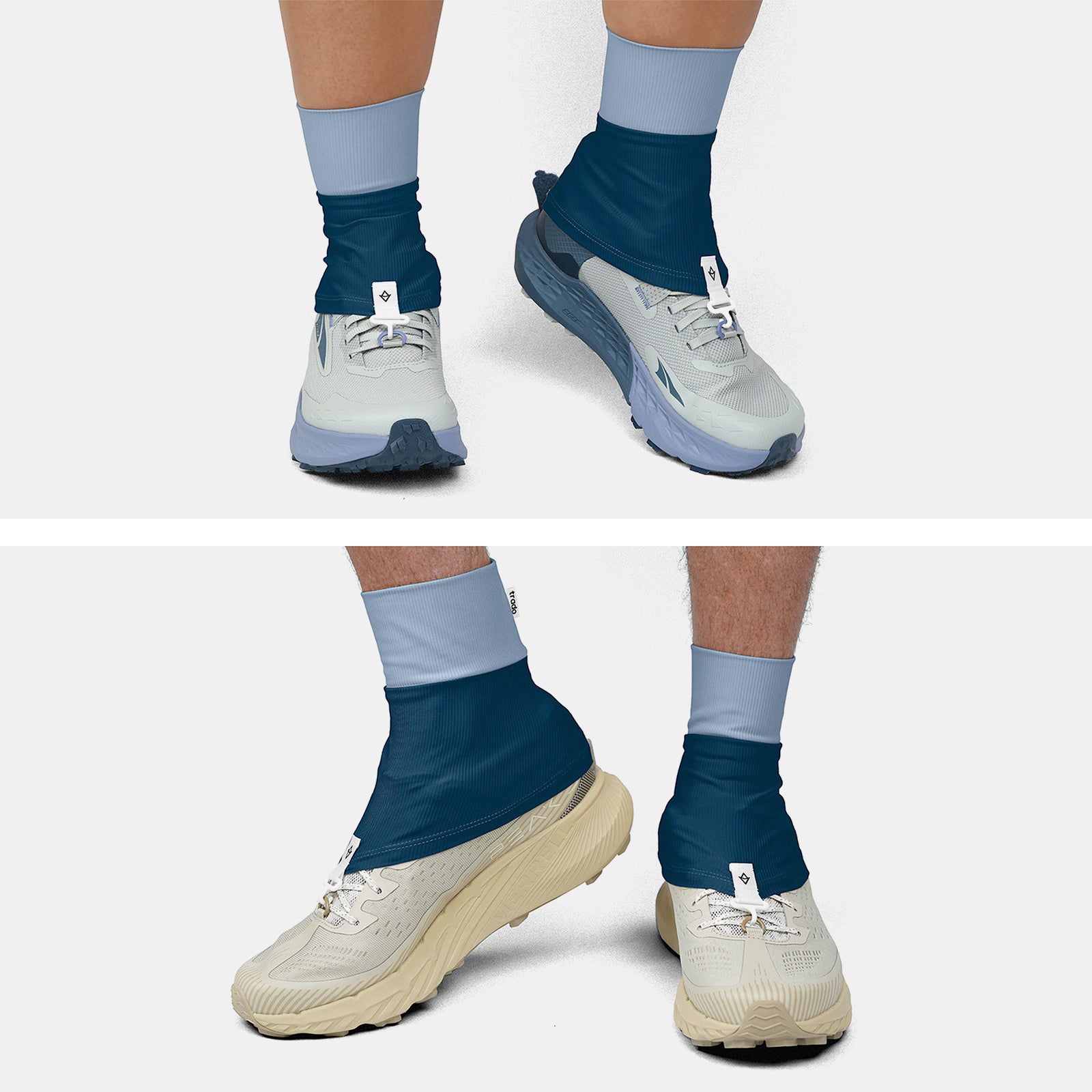 Two views of feet wearing trado trail gaiters with gray shoes on a white background