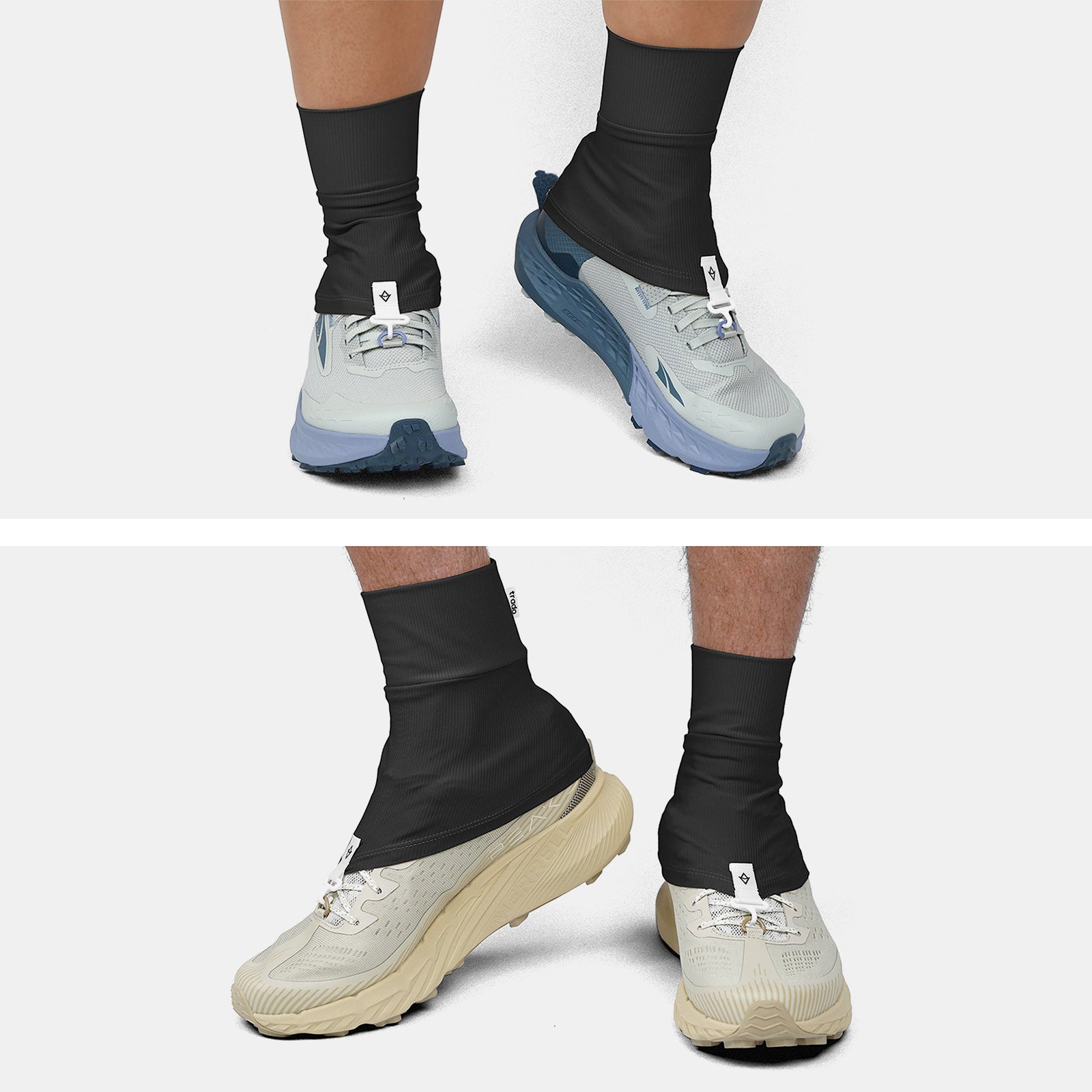 Two pairs of feet wearing trado trail gaiters on a white background black 