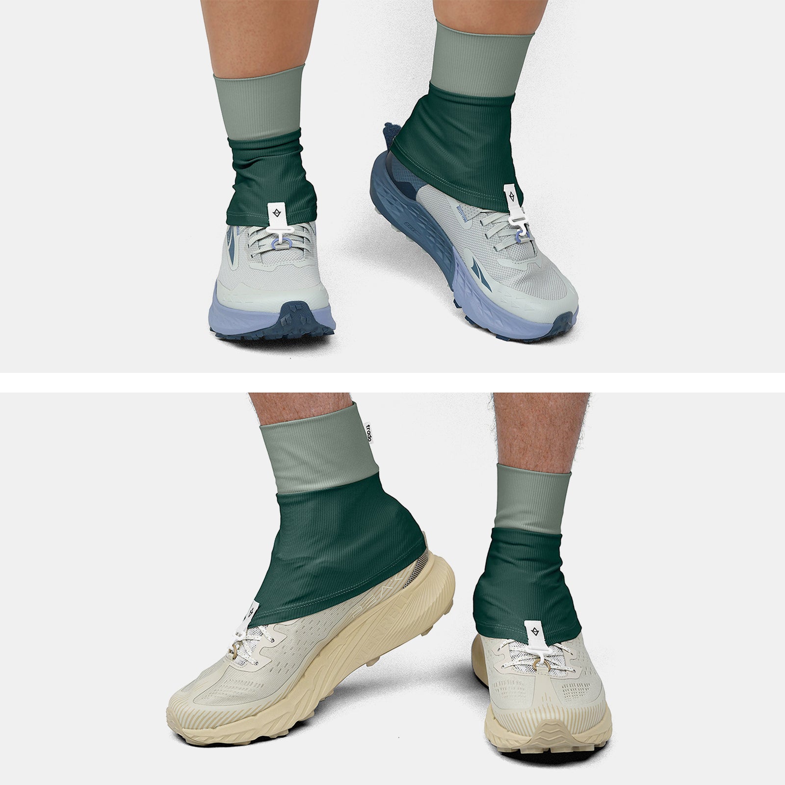 Trado trail gaiters worn with various shoes on a white background