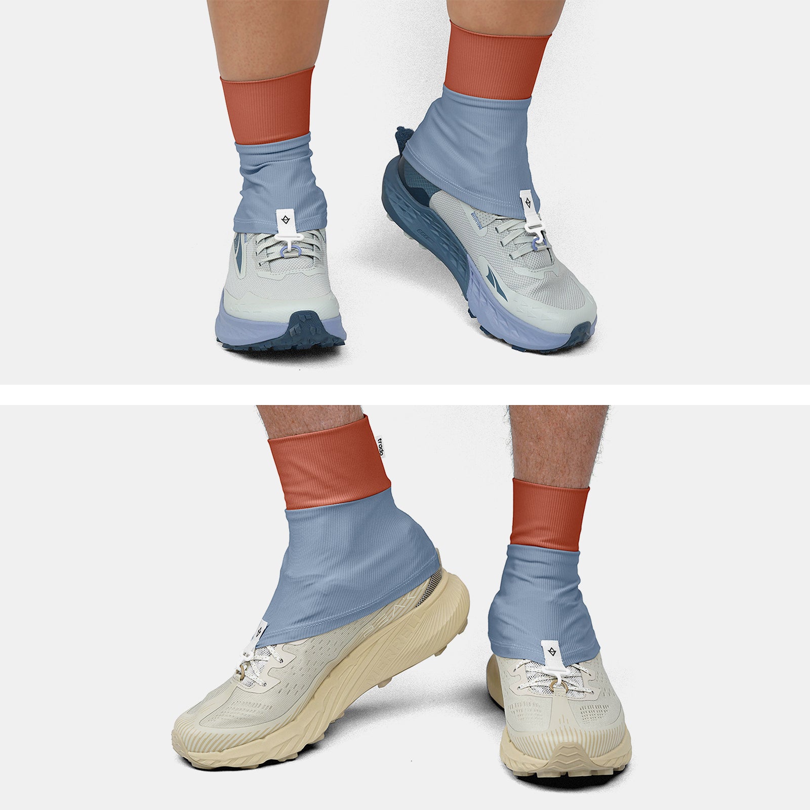 Two pairs of feet wearing trado trail gaiters on a white background blue vermilion