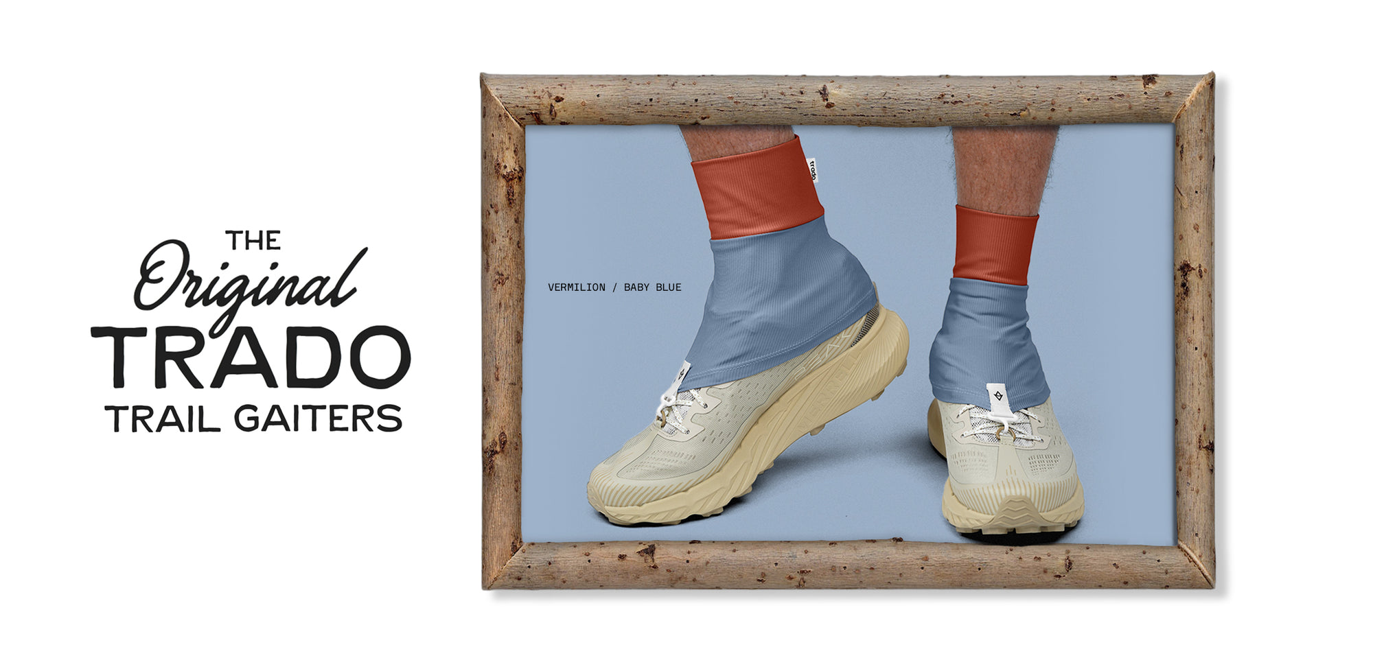 Person wearing blue gaiters and beige shoes with 'The Original Trado Trail Gaiters' text.